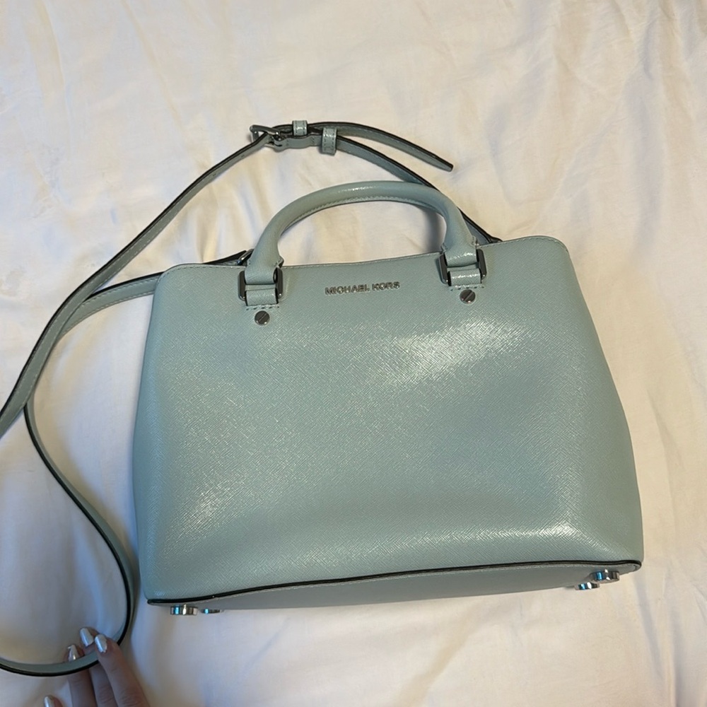 Michael Kors Saffiano Leather Medium Savannah Satchel in Celadon S348